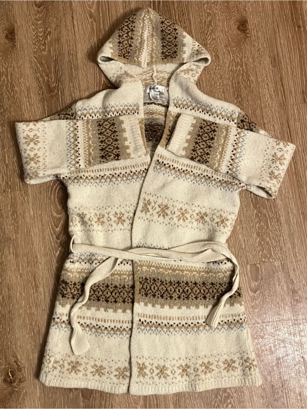 Kikit Maurice Sasson Fair Isle Hooded Cardigan Sweater Snowflake Wool L Shrunk